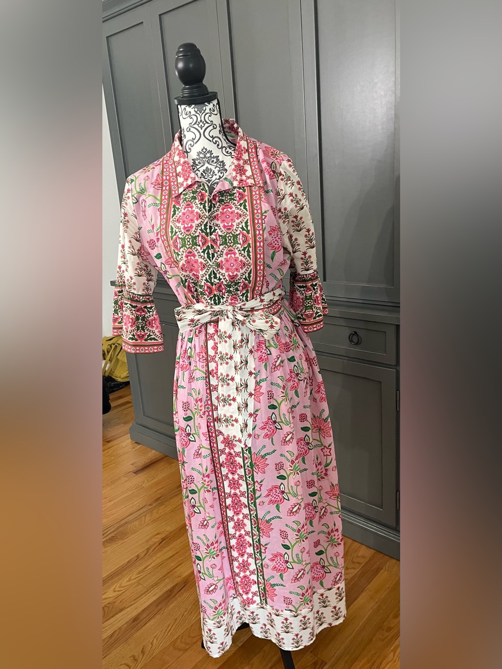 Talisman - Pink Floral Print Maxi Shirt Dress with Tie Waist